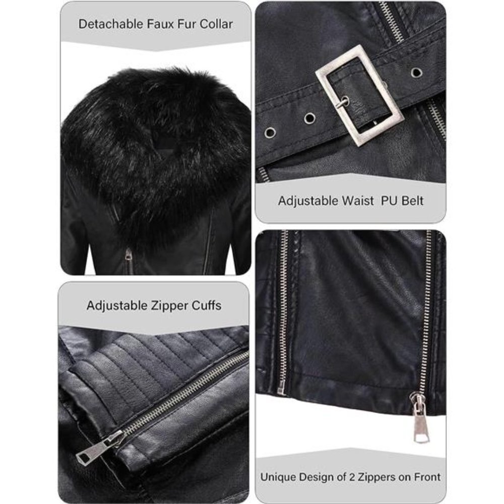 Black Faux Fur Leather Belted Motorcycle Bomber Jacket Sherpa Winter Biker Coat‎ - Picture 8 of 10